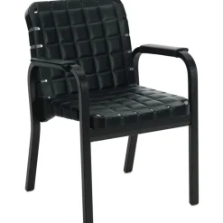 Armchair 45 Karmstol Svartlackerad yta, Klädsel i linne, Svartlackad Björk / Quiltat Läder Svart