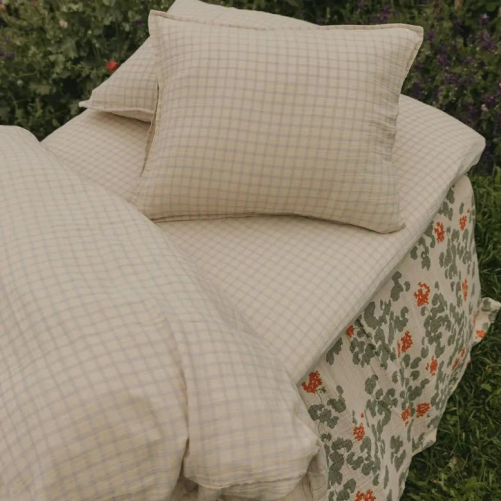 Gingham Sky Blue Muslin Dra-På-Lakan Junior, 70x140 cm