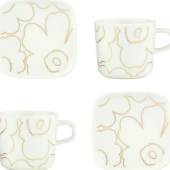 Marimekko Kaffekoppar|Assietter-Piirto Unikko Koppar & Tallrikar, Vit / Guld