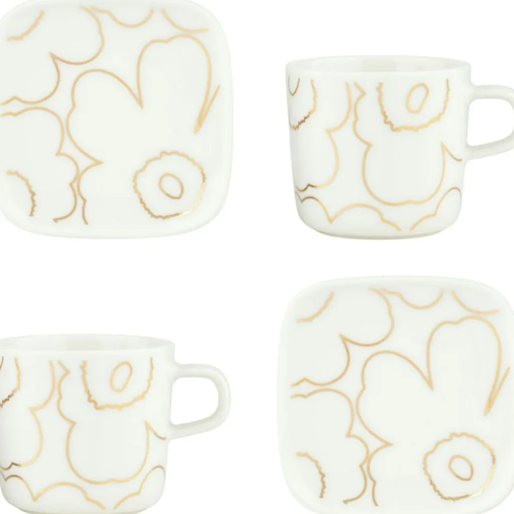 Marimekko Kaffekoppar|Assietter-Piirto Unikko Koppar & Tallrikar, Vit / Guld