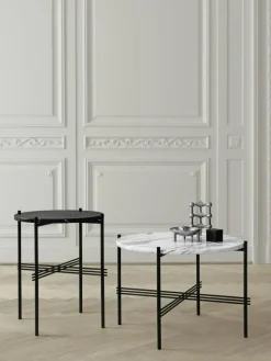 GUBI Sidobord & Avlastningsbord|Soffbord-TS Soffbord 55 cm, Polerat Stål / Vit Carraramarmor