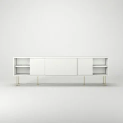 Vogue Mediabänk Med Ben 180 cm, Vitpigmenterad Ek / Mässing