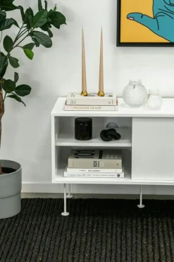 Vogue Mediabänk Med Ben 180 cm, Vitpigmenterad Ek / Mässing