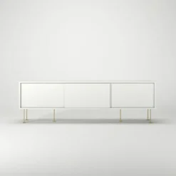 Vogue Mediabänk Med Ben 180 cm, Vitpigmenterad Ek / Mässing